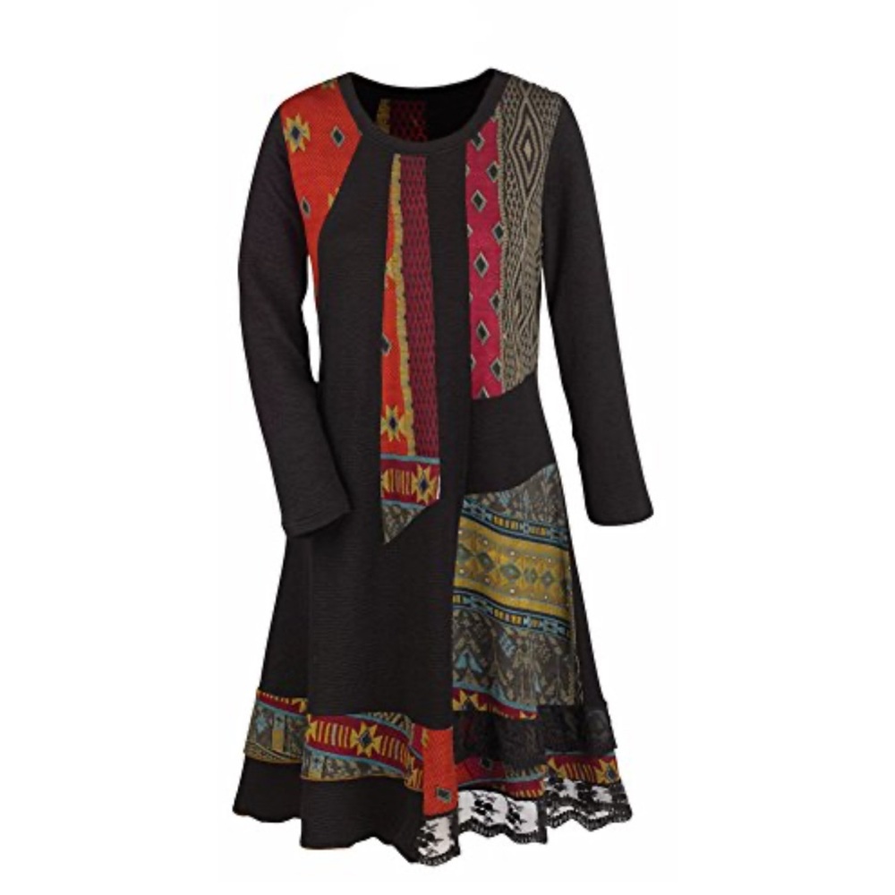 Parsley & Sage Art To Wear Midi Tunic Dress Patchwork Lace Boho Lagenlook Artsy